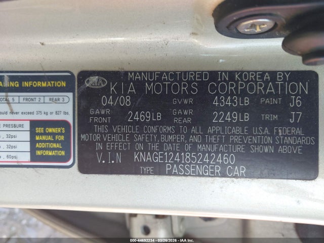 Aukcja sprzedaży 2008 Kia Optima Lx V6, vin: KNAGE124185242460, numer aukcji: 44692234