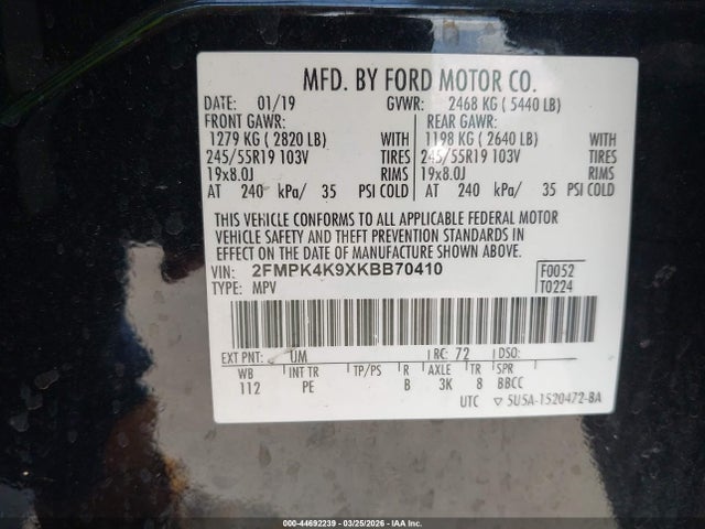 Aukcja sprzedaży 2019 Ford Edge Titanium, vin: 2FMPK4K9XKBB70410, numer aukcji: 44692239