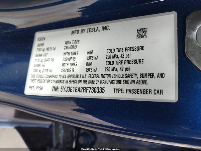 Aukcja sprzedaży 2024 Tesla Model 3 Long Range Dual Motor All-wheel Drive/rear-wheel Drive, vin: 5YJ3E1EA2RF730335, numer aukcji: 44692243