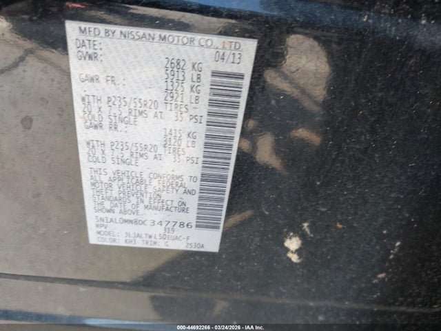 44692266 :رقم المزاد ، 5N1AL0MN8DC347786 vin ، 2013 Infiniti Jx35 مزاد بيع