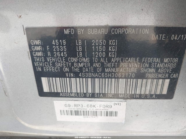 Aukcja sprzedaży 2017 Subaru Legacy 2.5i Premium, vin: 4S3BNAC65H3063170, numer aukcji: 44692273