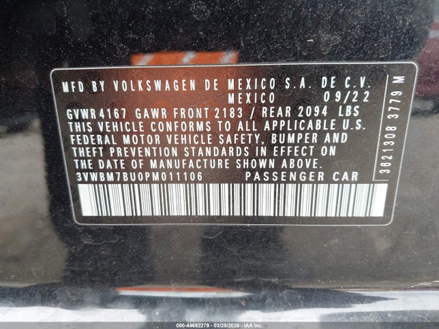 Aukcja sprzedaży 2023 Volkswagen Jetta 1.5t Sport, vin: 3VWBM7BU0PM011106, numer aukcji: 44692279