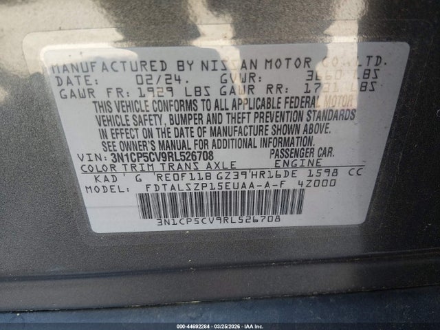 Aukcja sprzedaży 2024 Nissan Kicks Sv Xtronic Cvt, vin: 3N1CP5CV9RL526708, numer aukcji: 44692284