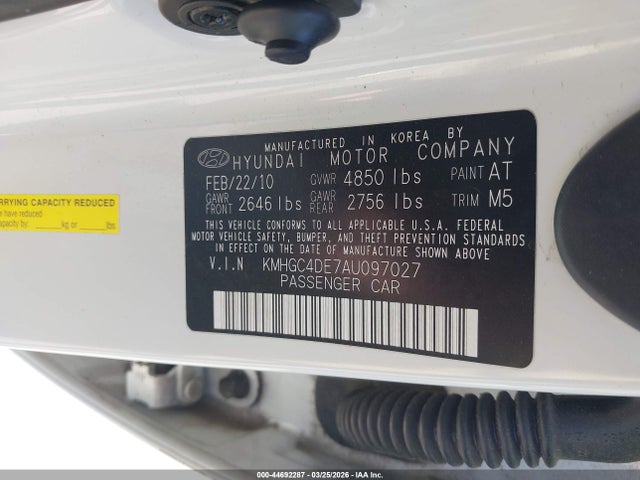 Aukcja sprzedaży 2010 Hyundai Genesis 3.8, vin: KMHGC4DE7AU097027, numer aukcji: 44692287
