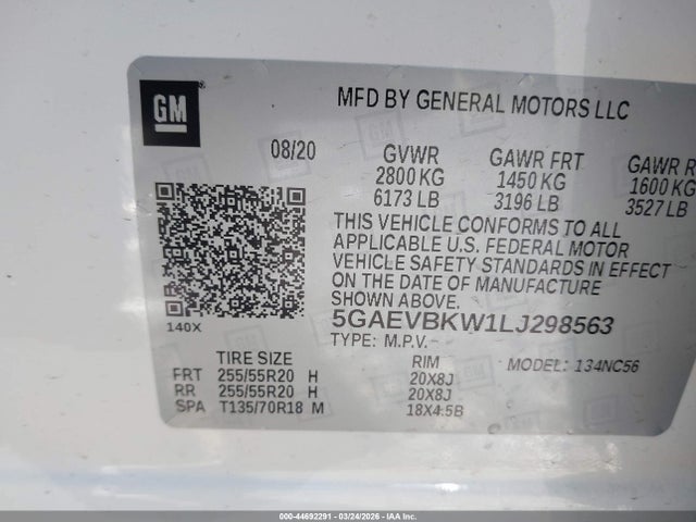 44692291 :رقم المزاد ، 5GAEVBKW1LJ298563 vin ، 2020 Buick Enclave Awd Premium مزاد بيع