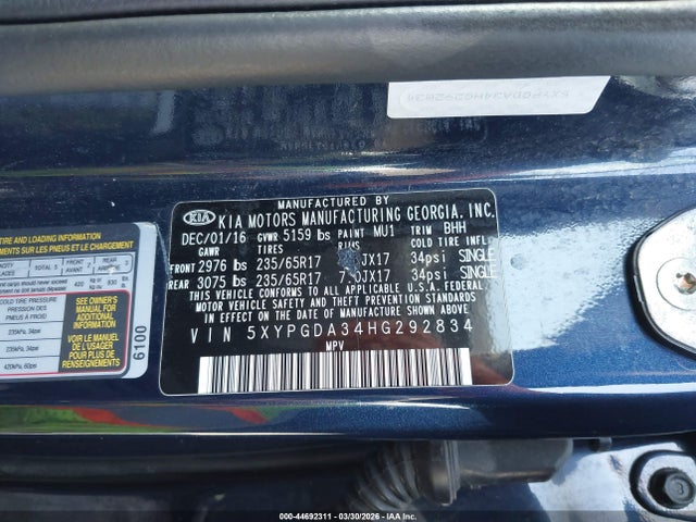5XYPGDA34HG292834 KIA Sorento 2.4l Lx