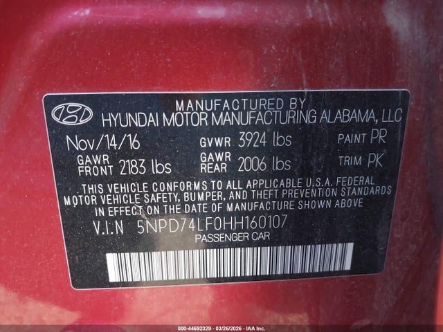 44692329 :رقم المزاد ، 5NPD74LF0HH160107 vin ، 2017 Hyundai Elantra Se مزاد بيع
