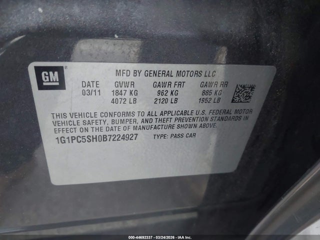 44692337 :رقم المزاد ، 1G1PC5SHOB7224927 vin ، 2011 Chevrolet Cruze Ls مزاد بيع