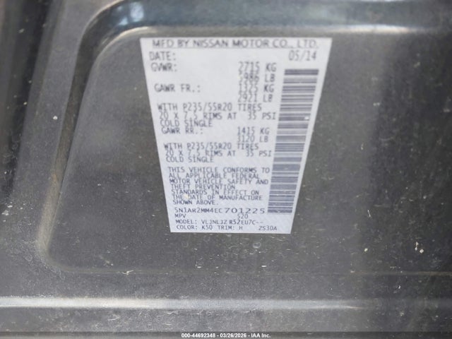 Nissan Pathfinder Platinum 2014 5N1AR2MM4EC701225 Image 9