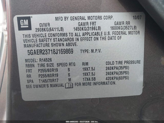 Aukcja sprzedaży 2008 Buick Enclave Cxl, vin: 5GAER23718J169869, numer aukcji: 44692353