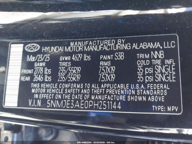 2023 Hyundai Tucson Limited მანქანა იყიდება აუქციონზე, vin: 5NMJE3AE0PH251144, აუქციონის ნომერი: 44692354