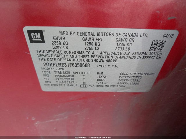 Продаж на аукціоні авто 2015 Gmc Terrain Sle-2, vin: 2GKFLRE31F6358608, номер лоту: 44692371