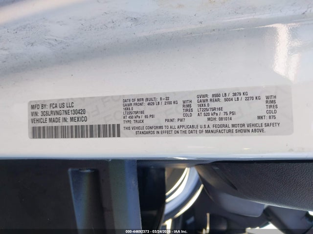 Продаж на аукціоні авто 2022 Ram Promaster 1500 Low Roof 118 Wb, vin: 3C6LRVNG7NE130420, номер лоту: 44692373