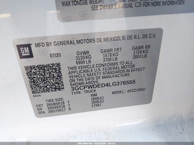 2020 Chevrolet Silverado 1500 2wd  Short Bed Rst მანქანა იყიდება აუქციონზე, vin: 3GCPWDED4LG376555, აუქციონის ნომერი: 44692394