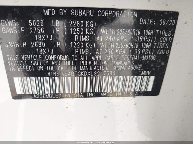 44692414 :رقم المزاد ، 4S4BTGKDXL3217580 vin ، 2020 Subaru Outback Onyx Edition Xt مزاد بيع