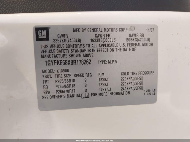44692415 :رقم المزاد ، 1GYFK668X8R178262 vin ، 2008 Cadillac Escalade Esv Standard مزاد بيع
