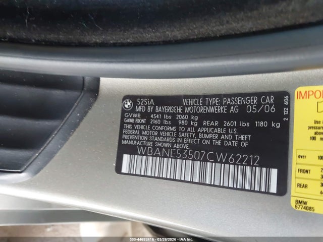 44692416 :رقم المزاد ، WBANE53507CW62212 vin ، 2007 Bmw 525i مزاد بيع