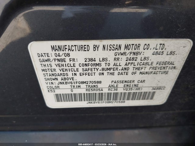 Aukcja sprzedaży 2008 Infiniti G35x, vin: JNKBV61F08M270588, numer aukcji: 44692417