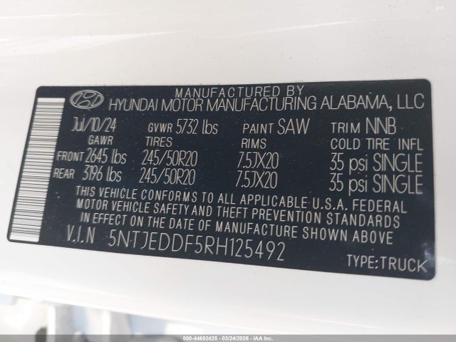 Продаж на аукціоні авто 2024 Hyundai Santa Cruz Limited, vin: 5NTJEDDF5RH125492, номер лоту: 44692425