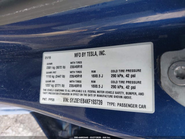 Продаж на аукціоні авто 2019 Tesla Model 3 Long Range/performance, vin: 5YJ3E1EB4KF193739, номер лоту: 44692440