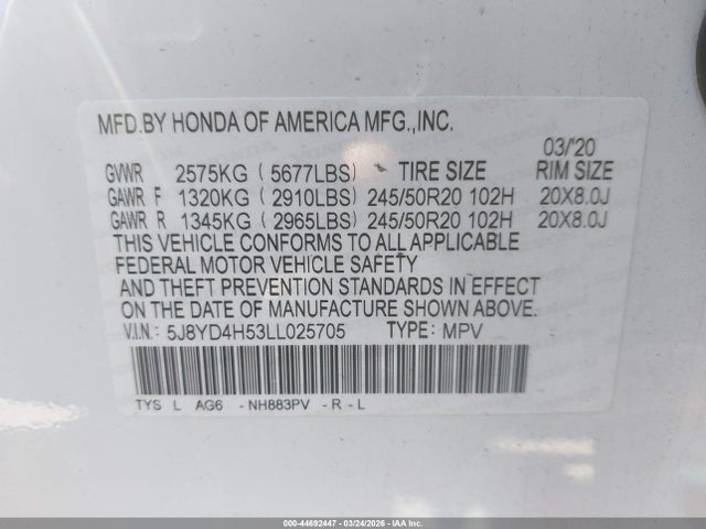 Продаж на аукціоні авто 2020 Acura Mdx Technology Package, vin: 5J8YD4H53LL025705, номер лоту: 44692447
