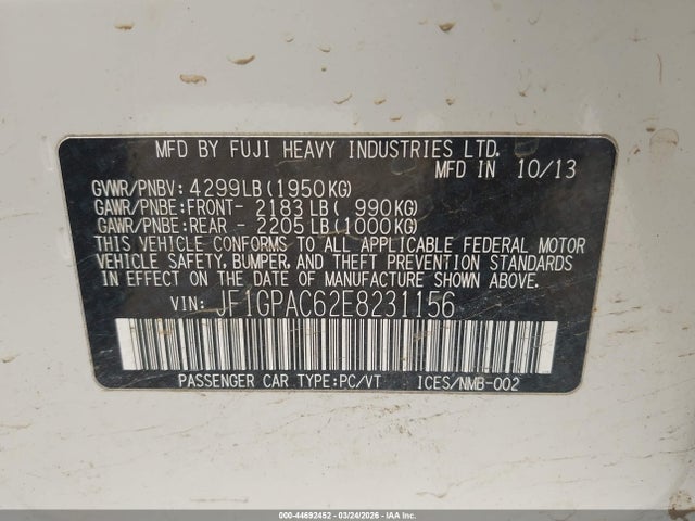 44692452 :رقم المزاد ، JF1GPAC62E8231156 vin ، 2014 Subaru Impreza 2.0i Premium مزاد بيع