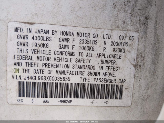Aukcja sprzedaży 2005 Acura Tsx, vin: JH4CL968X5C035655, numer aukcji: 44692463