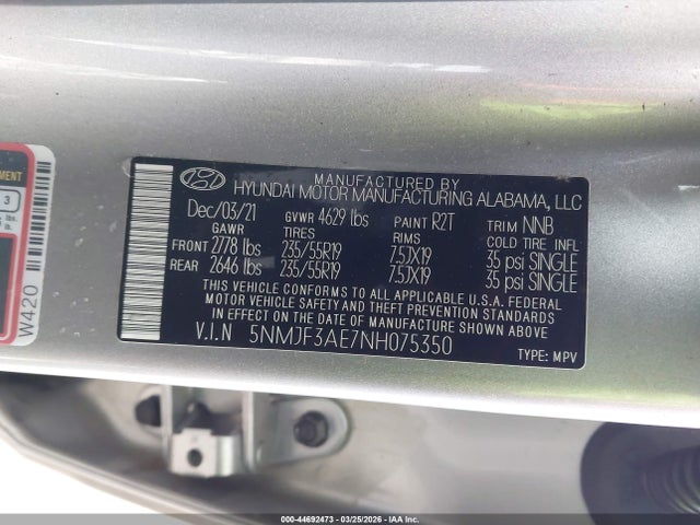 Aukcja sprzedaży 2022 Hyundai Tucson Sel, vin: 5NMJF3AE7NH075350, numer aukcji: 44692473