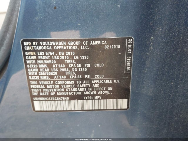 44692492 :رقم المزاد ، 1V2WR2CA7KC547640 vin ، 2019 Volkswagen Atlas 3.6l V6 Se W/technology مزاد بيع