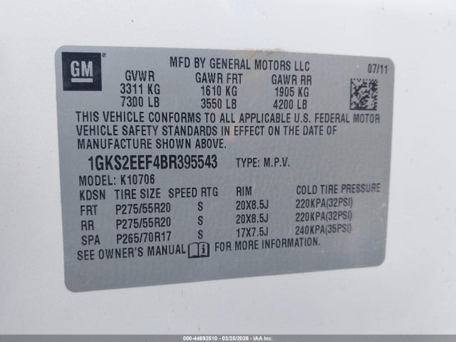 2011 Gmc Yukon Denali მანქანა იყიდება აუქციონზე, vin: 1GKS2EEF4BR395543, აუქციონის ნომერი: 44692510