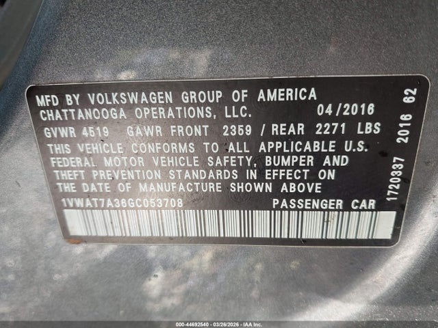 Продаж на аукціоні авто 2016 Volkswagen Passat 1.8t S, vin: 1VWAT7A36GC053708, номер лоту: 44692540