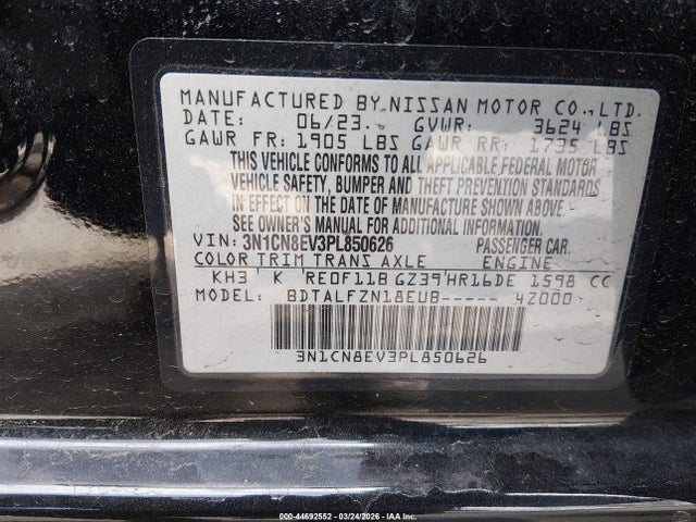 Продаж на аукціоні авто 2023 Nissan Versa 1.6 Sv Xtronic Cvt, vin: 3N1CN8EV3PL850626, номер лоту: 44692552