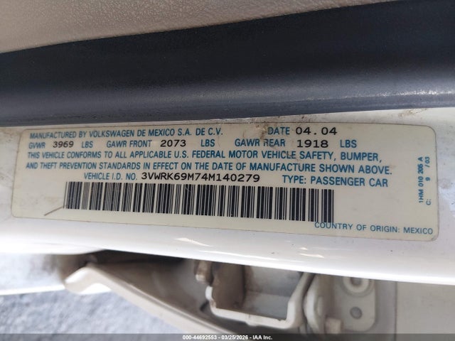 2004 Volkswagen Jetta Gl მანქანა იყიდება აუქციონზე, vin: 3VWRK69M74M140279, აუქციონის ნომერი: 44692553