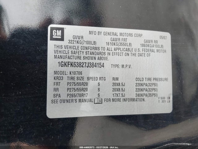 Aukcja sprzedaży 2007 Gmc Yukon Denali, vin: 1GKFK63827J384154, numer aukcji: 44692573