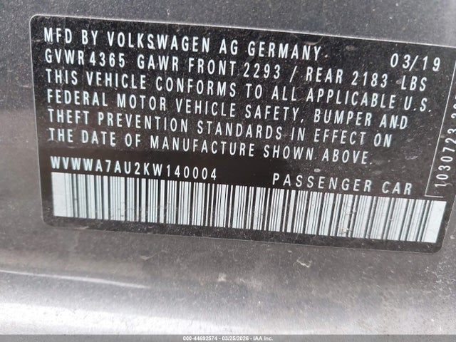 Aukcja sprzedaży 2019 Volkswagen Golf R, vin: WVWWA7AU2KW140004, numer aukcji: 44692574