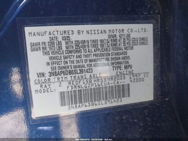 Aukcja sprzedaży 2025 Nissan Kicks Sr Intelligent Awd, vin: 3N8AP6DB6SL391423, numer aukcji: 44692578