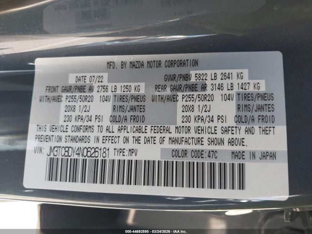 Продажа на аукционе авто 2022 Mazda Cx-9 Carbon Edition, vin: JM3TCBDY4N0626181, номер лота: 44692595