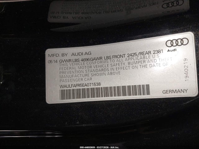 2014 Audi A5 2.0t Premium მანქანა იყიდება აუქციონზე, vin: WAULFAFR5EA071538, აუქციონის ნომერი: 44692609