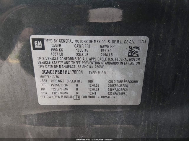 Aukcja sprzedaży 2017 Chevrolet Trax Lt, vin: 3GNCJPSB1HL170004, numer aukcji: 44692610