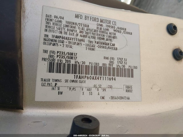 2004 Ford Thunderbird მანქანა იყიდება აუქციონზე, vin: 1FAHP60AX4Y111694, აუქციონის ნომერი: 44692624