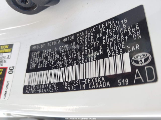 2T1BURHE1GC664180 Toyota COROLLA LE