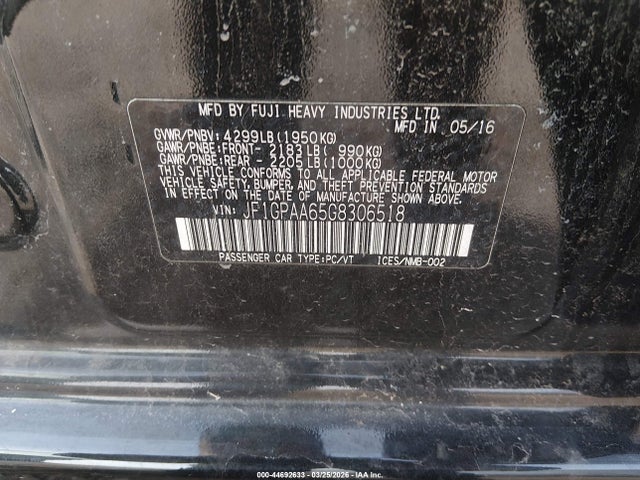2016 Subaru Impreza 2.0i მანქანა იყიდება აუქციონზე, vin: JF1GPAA65G8306518, აუქციონის ნომერი: 44692633