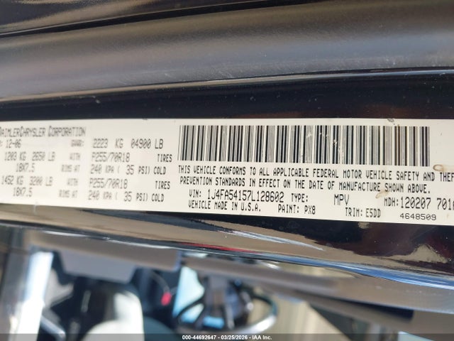 44692647 :رقم المزاد ، 1J4FA54157L128602 vin ، 2007 Jeep Wrangler Sahara مزاد بيع