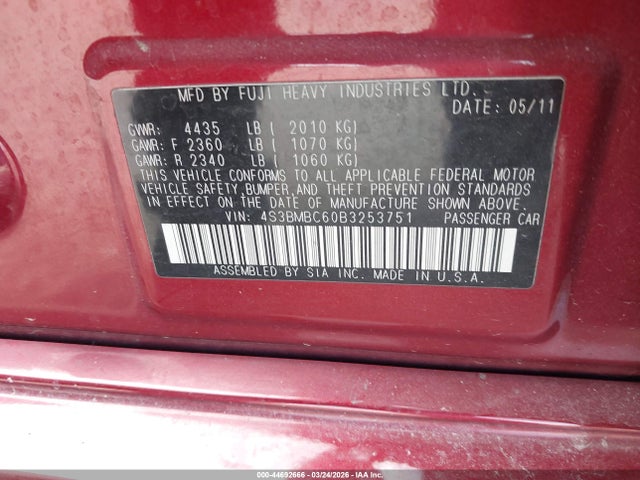 2011 Subaru Legacy 2.5i Prem Awp მანქანა იყიდება აუქციონზე, vin: 4S3BMBC60B3253751, აუქციონის ნომერი: 44692666