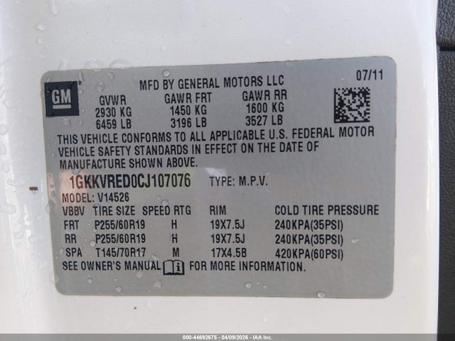 Aukcja sprzedaży 2012 Gmc Acadia Slt-1, vin: 1GKKVRED0CJ107076, numer aukcji: 44692675