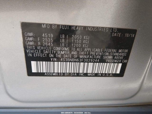 44692679 :رقم المزاد ، 4S3BNBN63F3029244 vin ، 2015 Subaru Legacy 2.5i Limited مزاد بيع