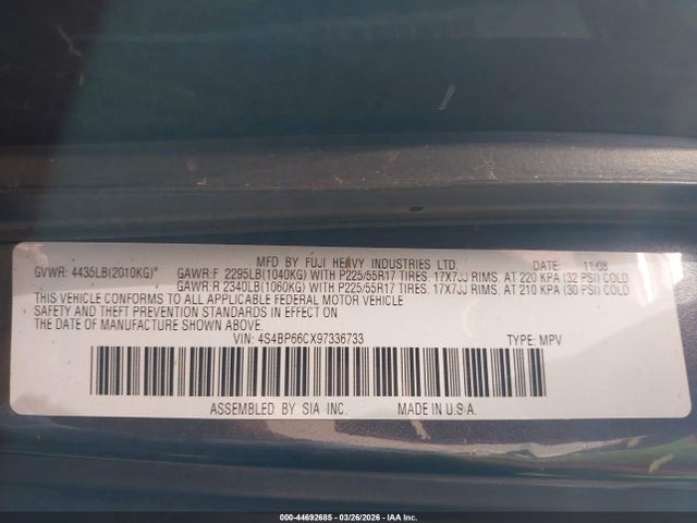 2009 Subaru Outback 2.5i Limited მანქანა იყიდება აუქციონზე, vin: 4S4BP66CX97336733, აუქციონის ნომერი: 44692685