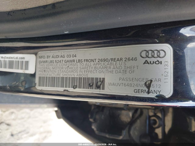 Продаж на аукціоні авто 2004 Audi A6 Avant, vin: WAUVT64B24N086512, номер лоту: 44692711
