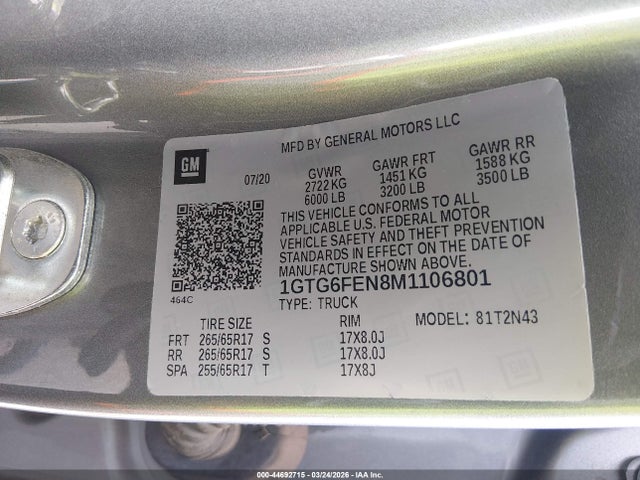 Продажа на аукционе авто 2021 Gmc Canyon 4wd  Short Box At4 - Cloth, vin: 1GTG6FEN8M1106801, номер лота: 44692715