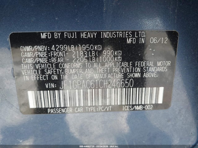 Продажа на аукционе авто 2012 Subaru Impreza 2.0i Premium, vin: JF1GPAC61CH246650, номер лота: 44692725